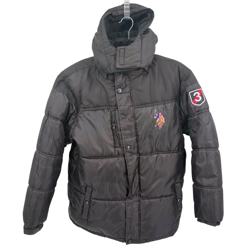 US Polo Assn Mens XL Jacket Black Puffer Hooded Logo Emblem Winter Warm